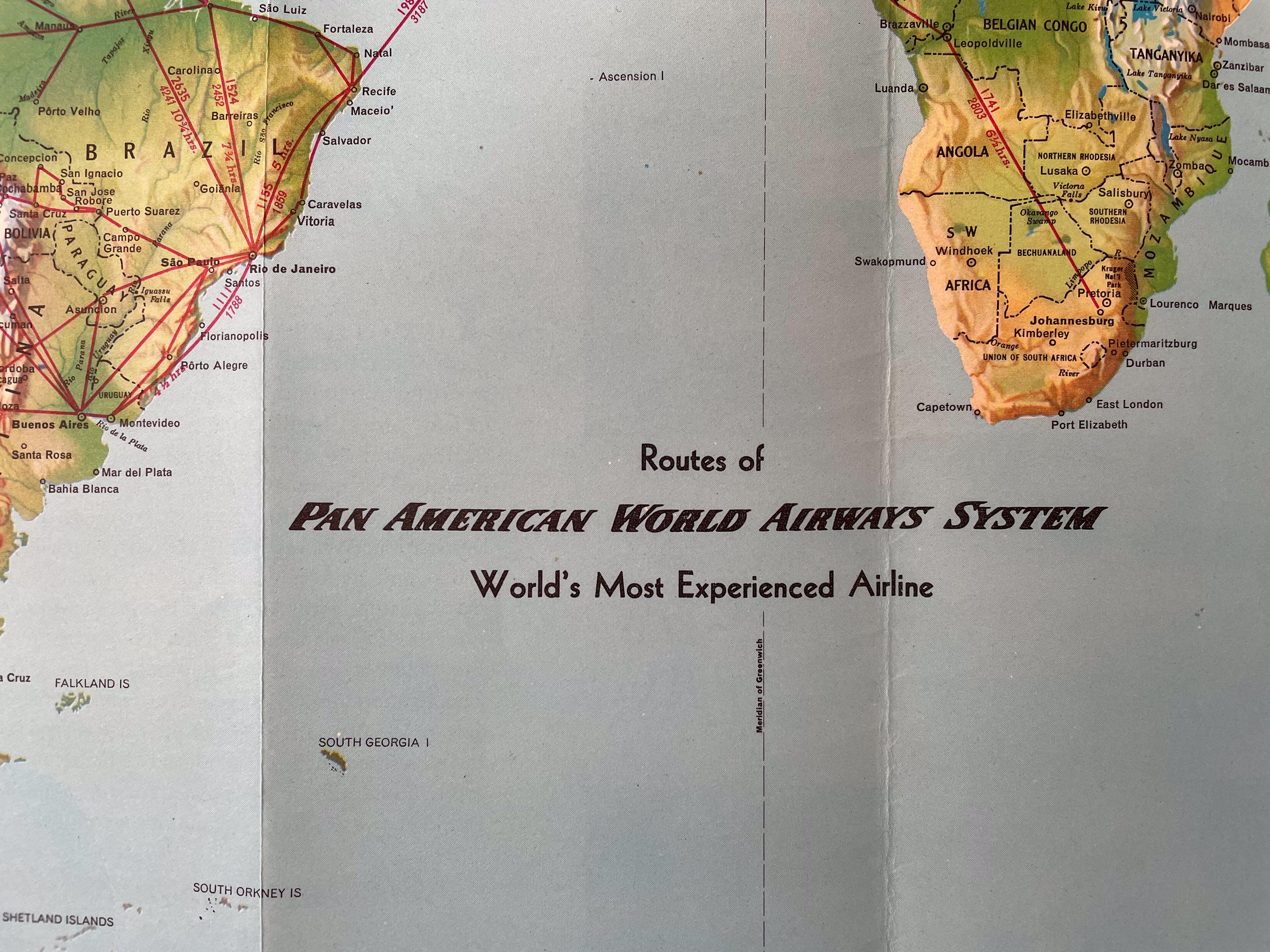 Mid-20th Century Pan American Airways 1952 World Route Map