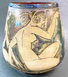 "Pan and Nymphs", Unique and Striking Art Deco Vase with Nudes, Iridescent Glaze
