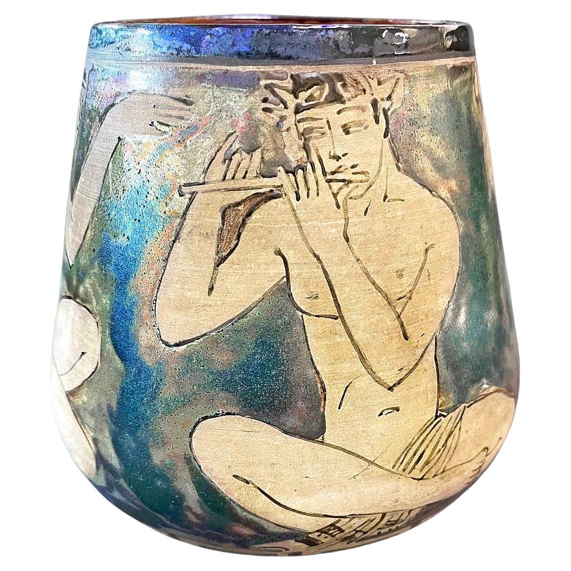 "Pan and Nymphs", Unique and Striking Art Deco Vase with Nudes, Iridescent Glaze For Sale