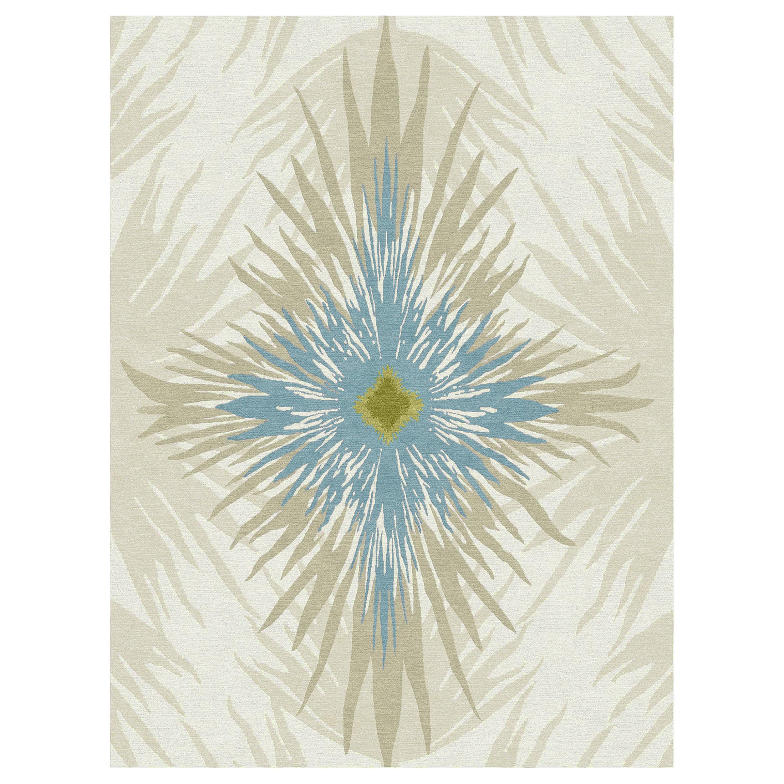 Pan Flower Custom Made Hand-Knotted Natural Blue Wool Rug by Allegra Hicks For Sale