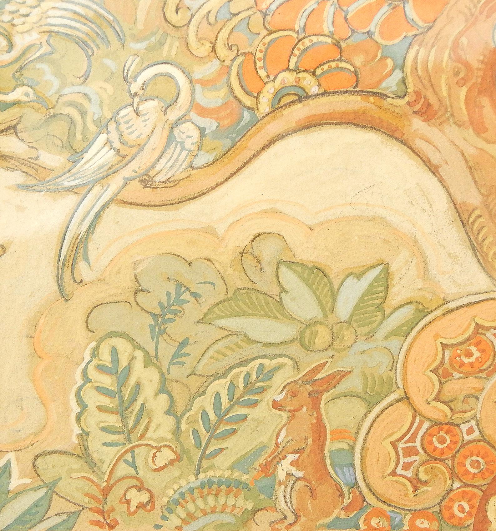 Gorgeously detailed and voluptuously painted, this superb depiction of pan playing his pipes in a paradise full of extravagant life -- including rabbits, squirrels, crested birds and stylized, Art Deco foliage -- was created by Einar Petersen, a