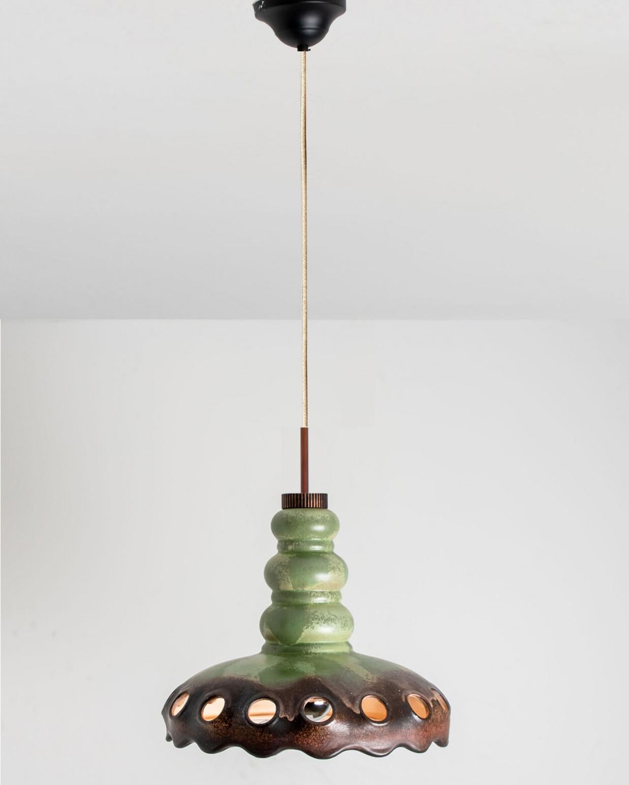 Late 20th Century PAN Keramik Green Brown Hanging Ceramic Lamp, Germany, 1970s For Sale