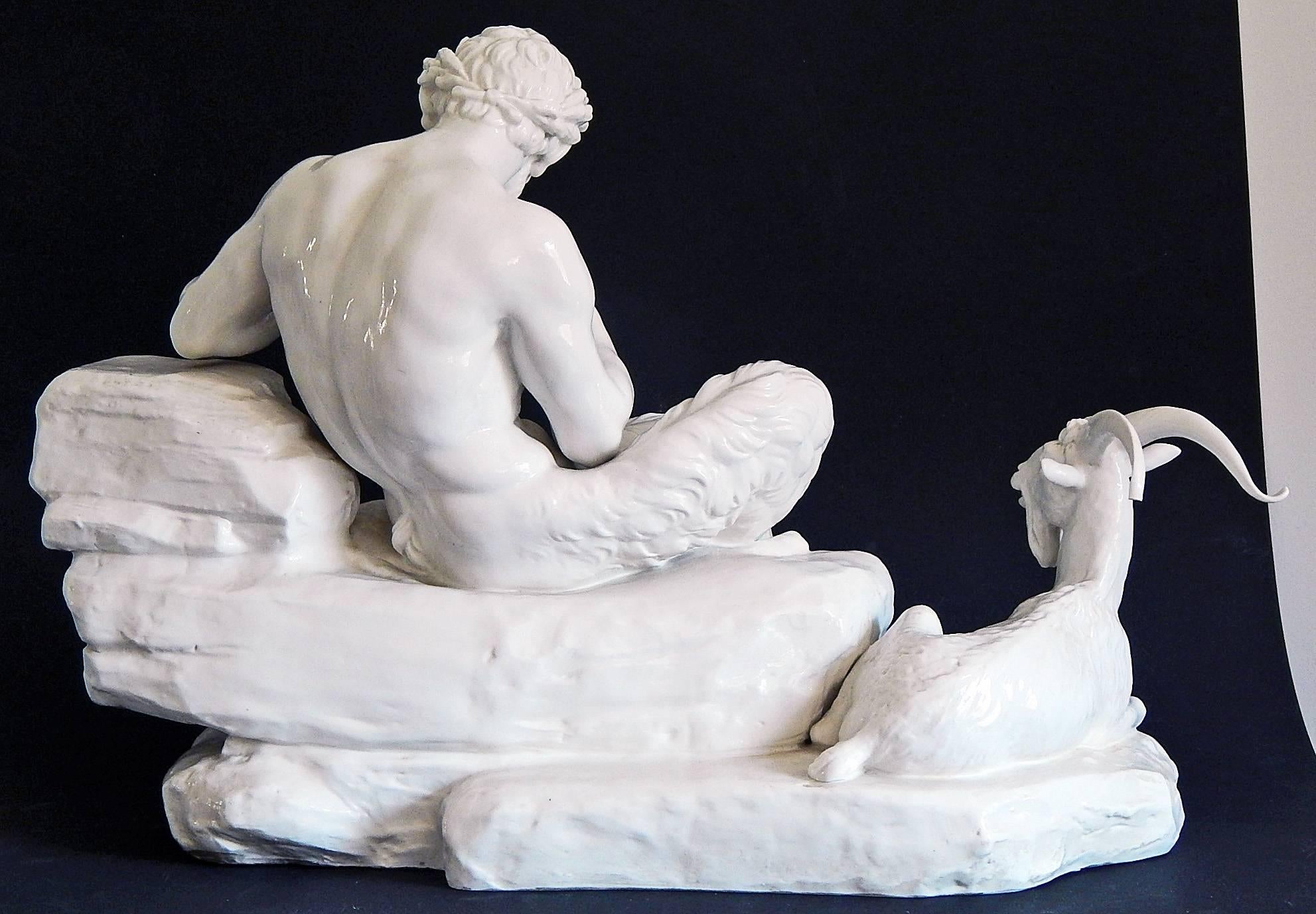 Modeled after a famous sculpture dating to 1815 by Peter Simon Lamine, located in the Schlosspark Nymphenburg in Munich, Germany, and created by the famous Nymphenburg Porcelain works about a century later, this large and finely detailed sculpture