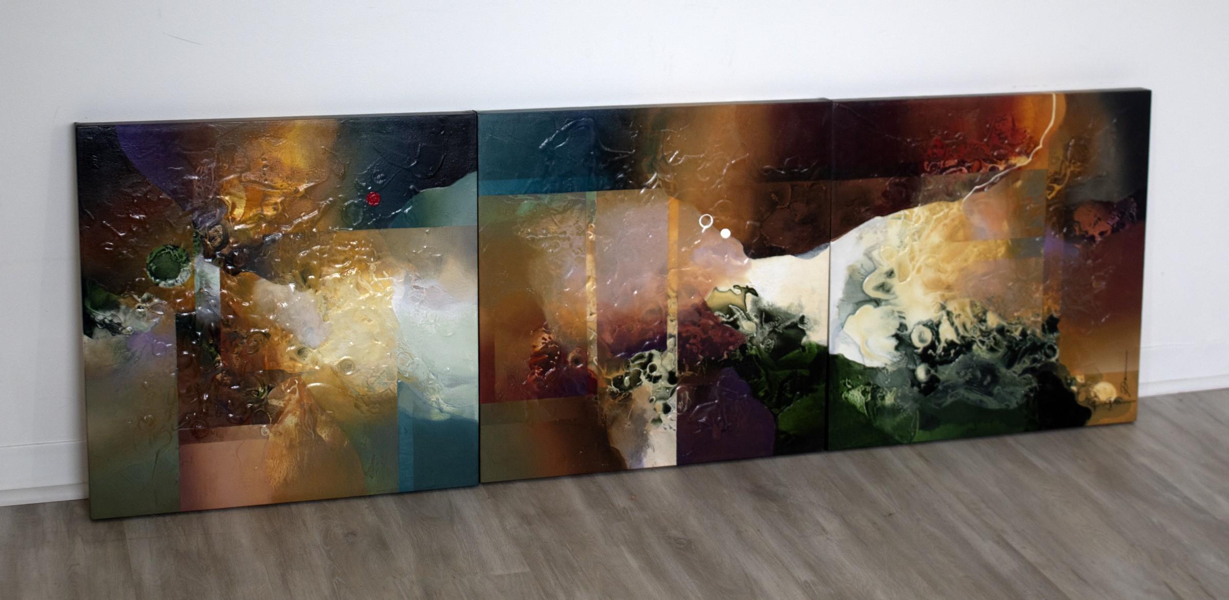 For your consideration is a magnificent abstract acrylic triptych, by Chinese artist Pan Qi-Qun. Each panel 24