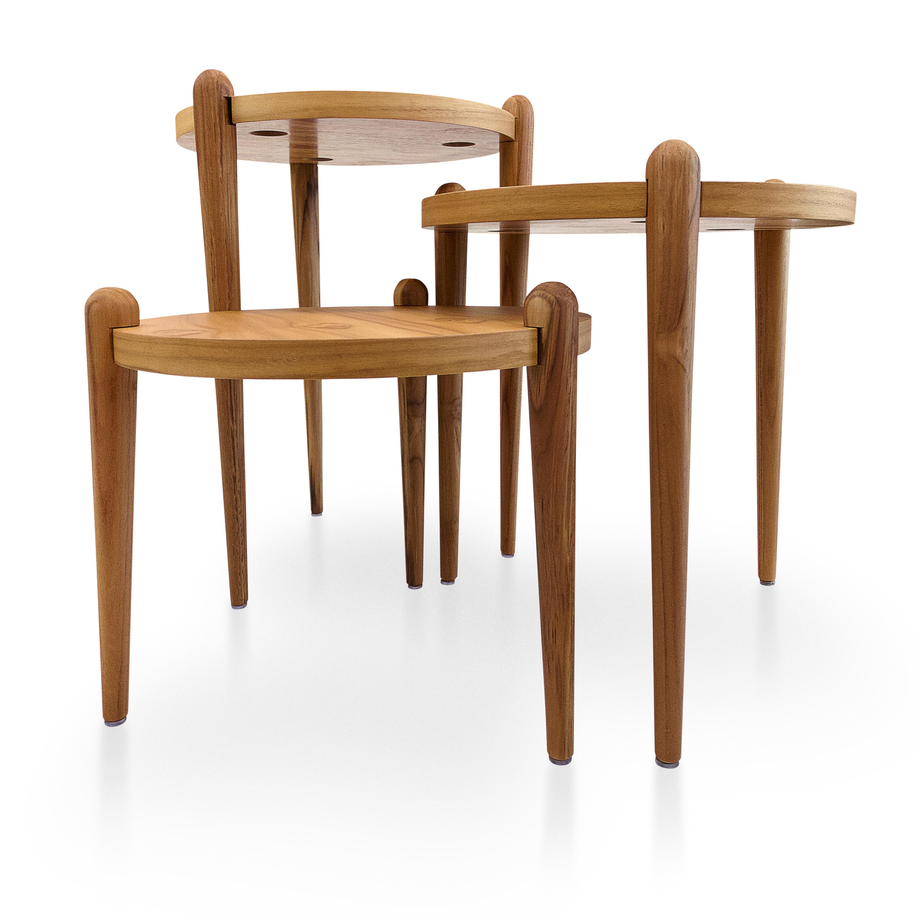 Modern Pan Contemporary Side Tables in Teak Wood, Set of 3 For Sale
