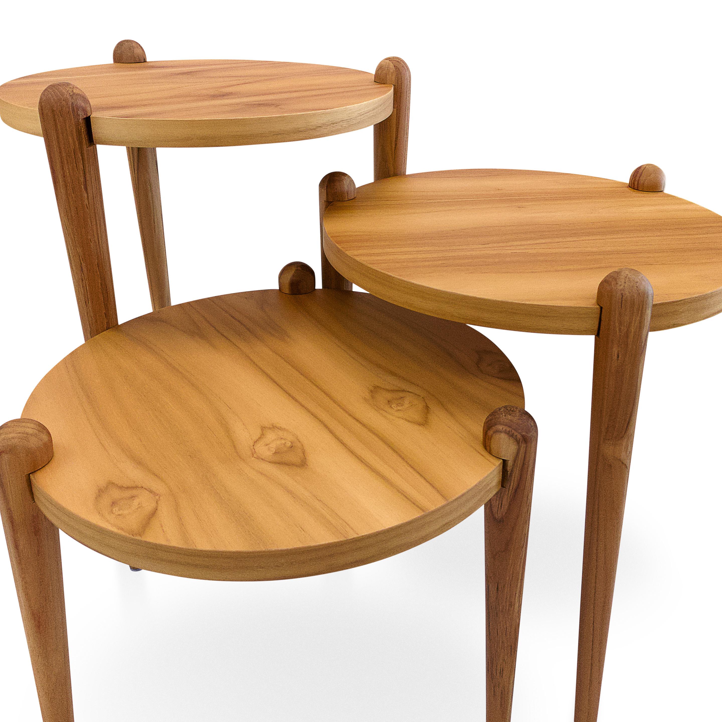 Brazilian Set of Three Teak Wood Accent Tables with Retro Cone Legs, Pan Collection For Sale