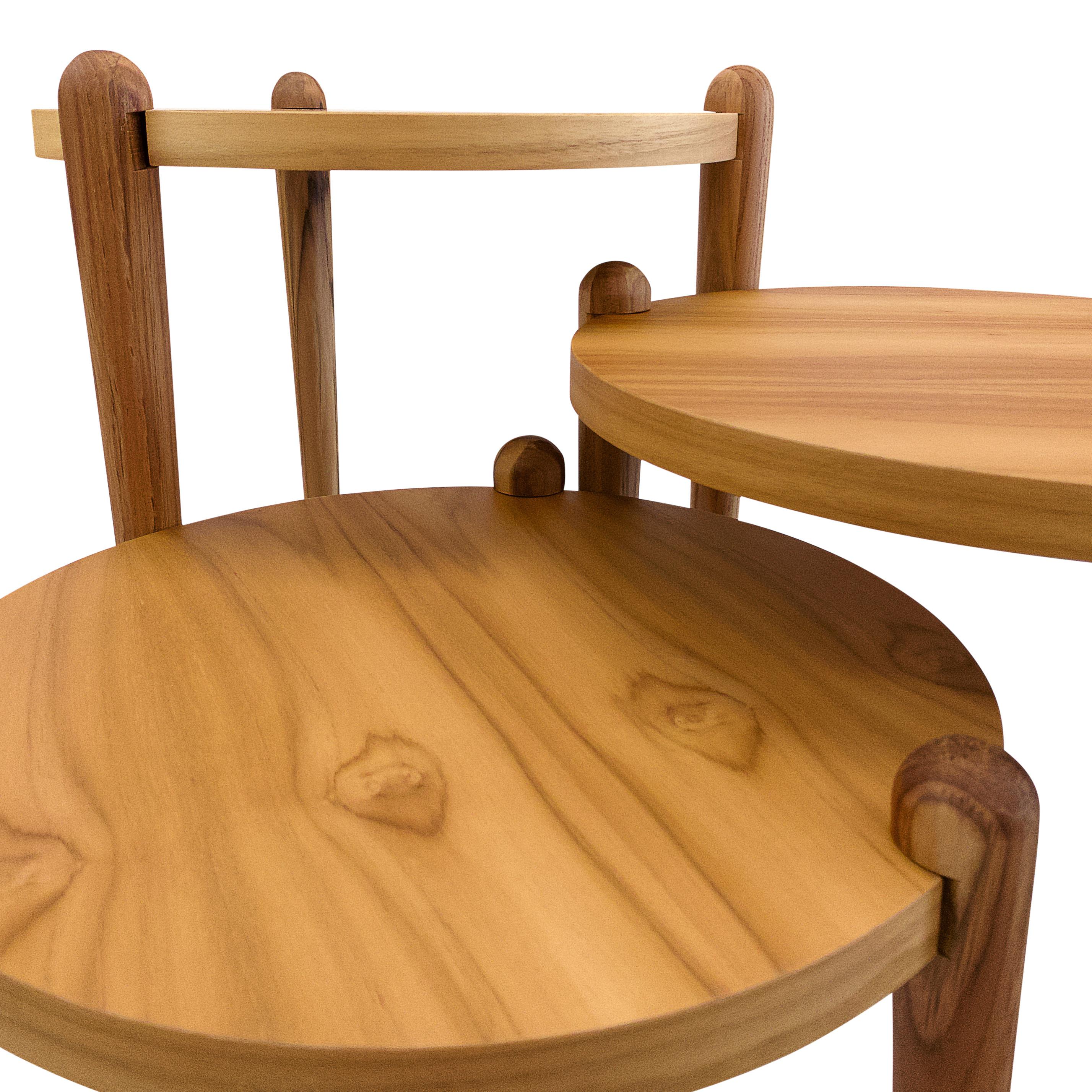 Veneer Set of Three Teak Wood Accent Tables with Retro Cone Legs, Pan Collection For Sale