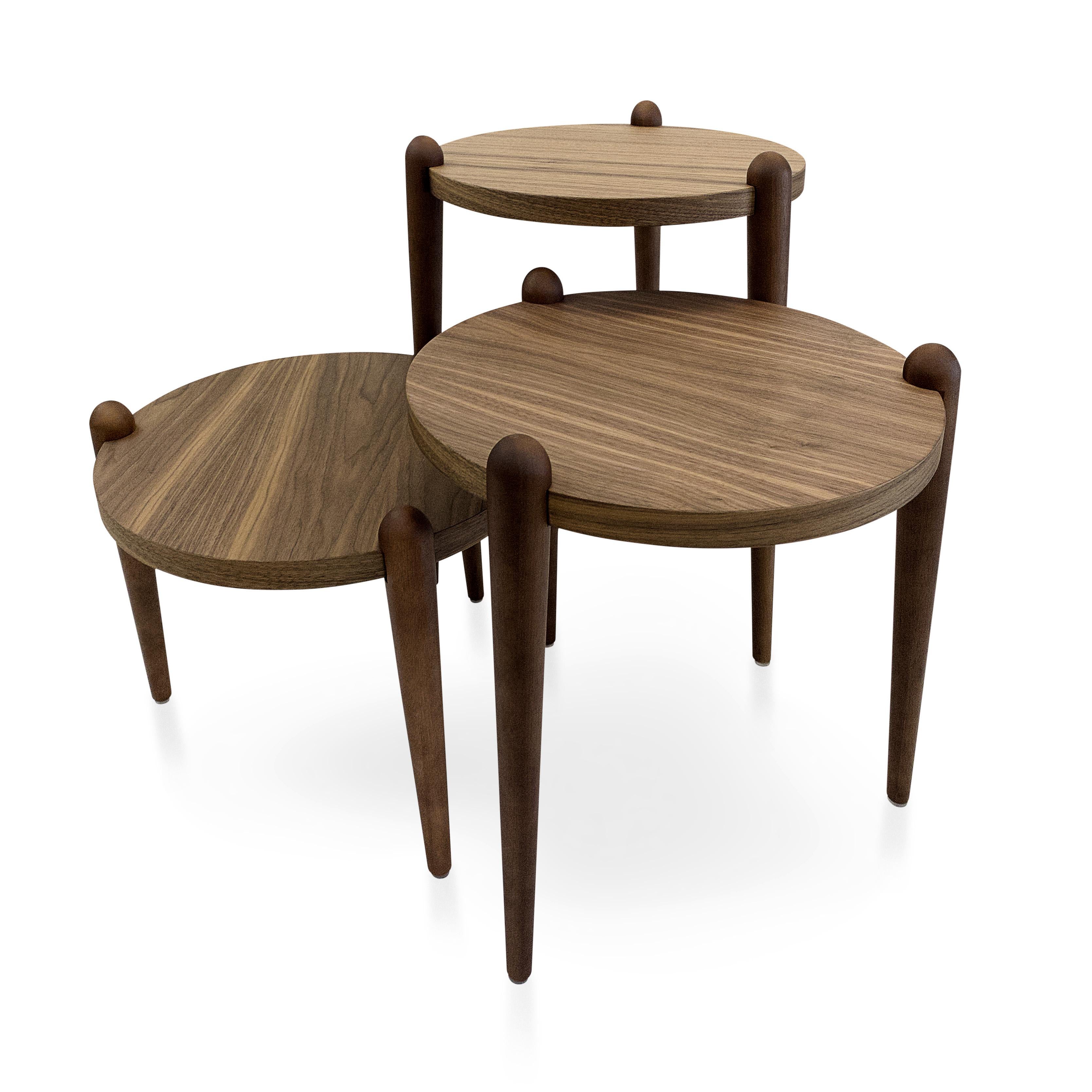 Brazilian Pan Side Tables in Walnut Wood Finish, Set of 3 For Sale