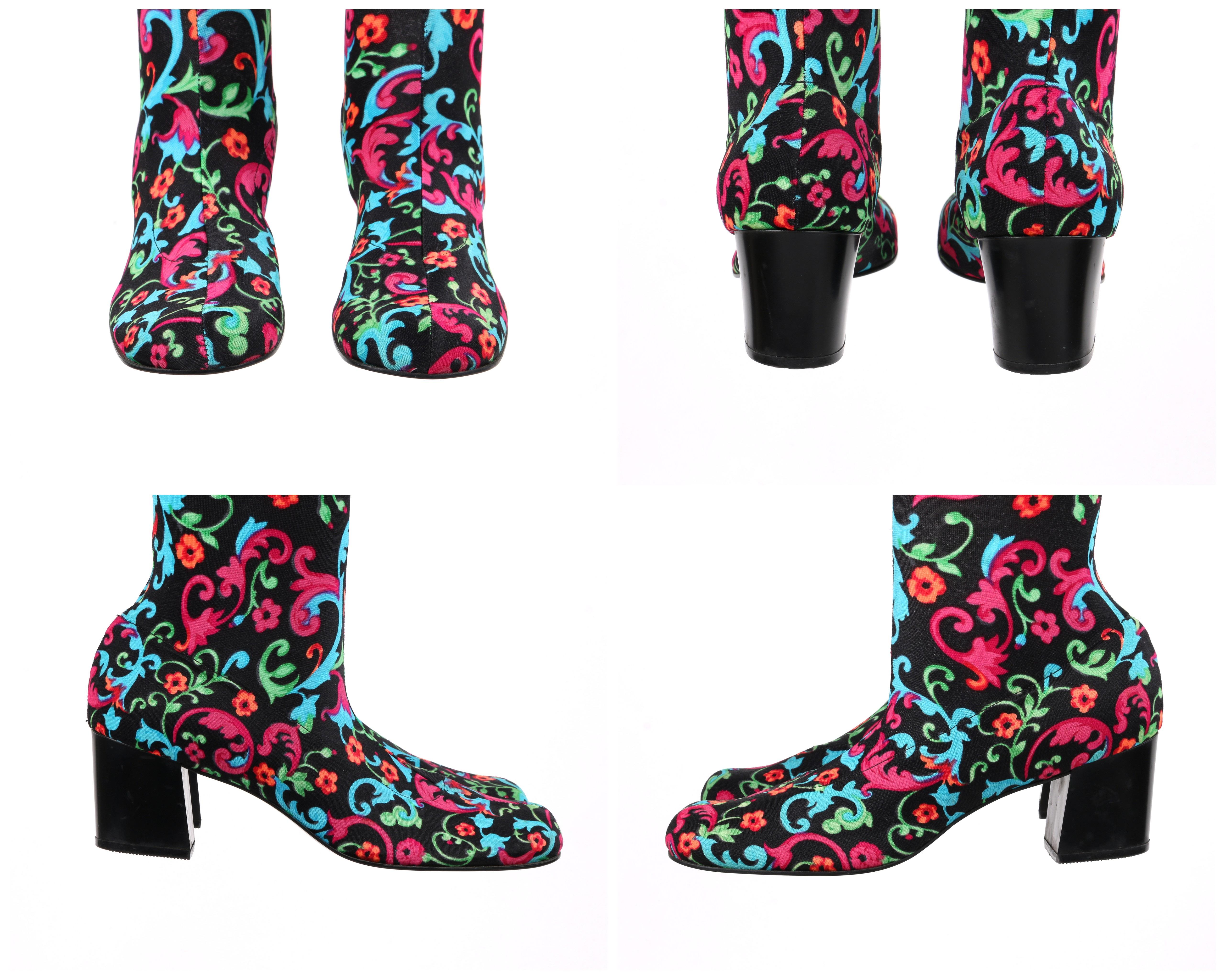 Black PAN-T-BOOTS c.1960s Floral Filigree Print Stretch High Waist Leggings Pant Boots