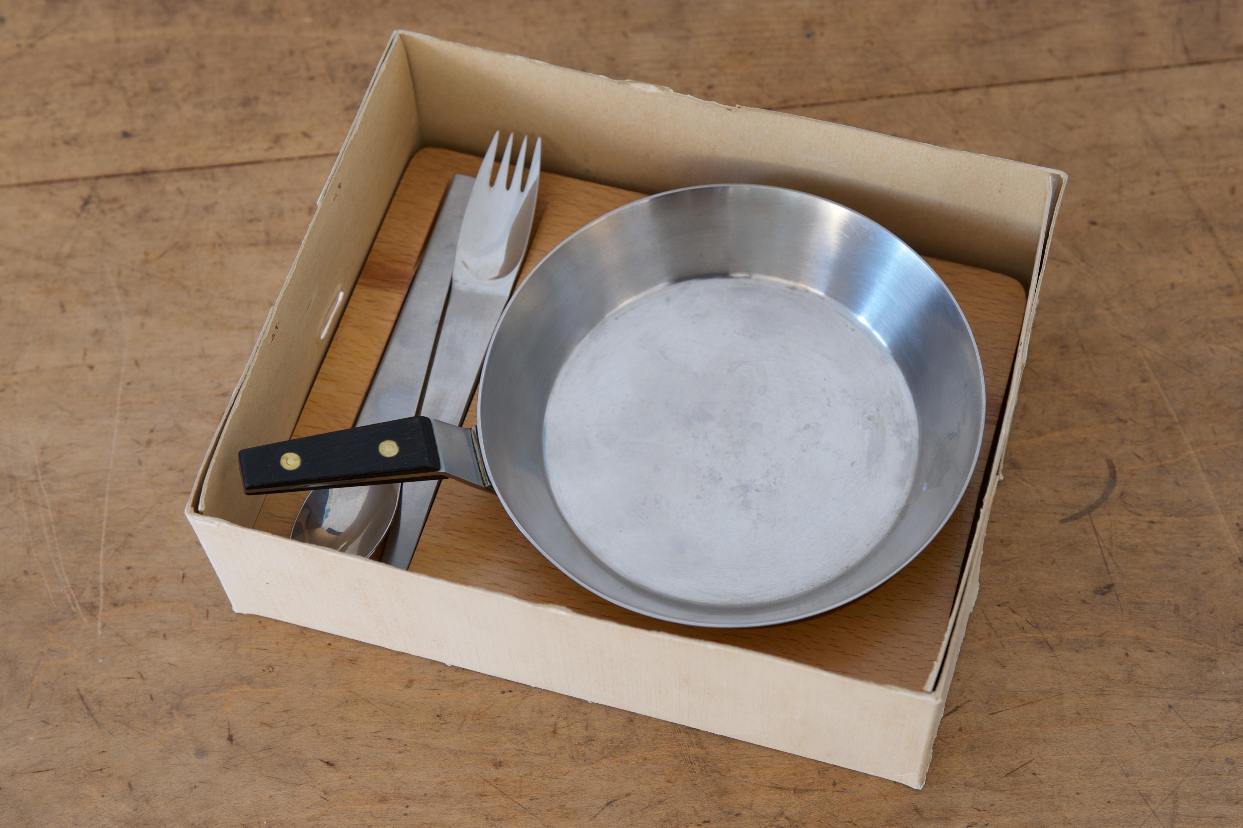 Stainless Steel Pan with a Fork and a Spoon on a Tray by Carl Auböck For Sale