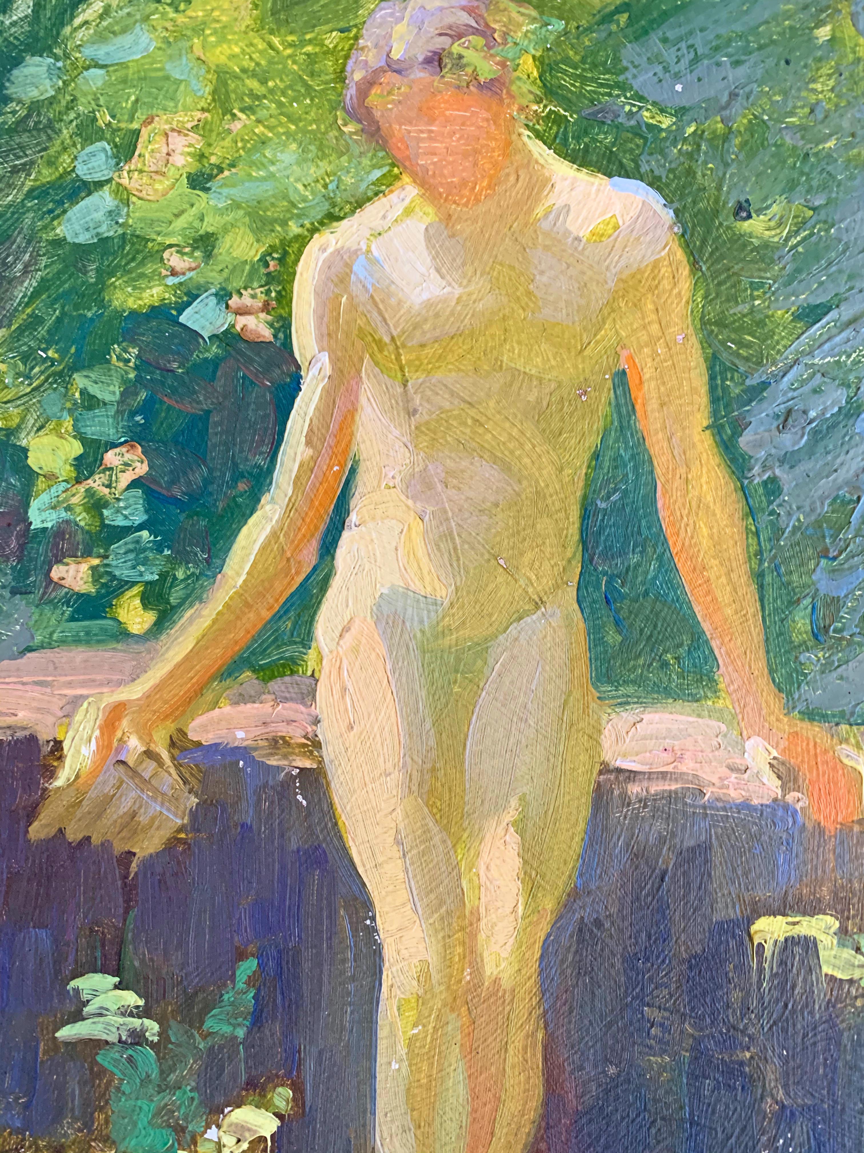 Filled with the brilliant sunshine of a summer day in the English woods, this scene of a nude Pan figure, painted in a highly Impressionistic manner with a vivid palette, is attributed to Henry Scott Tuke, famous for his depiction of nude male