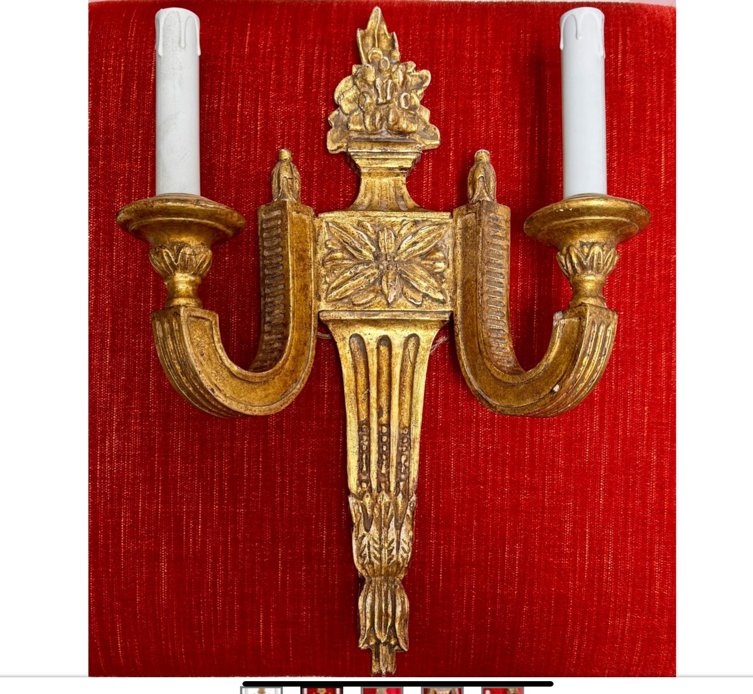 Panache 17.5” Neoclassical Giltwood 2 Light Wall Light Sconce. Priced each. Two available.