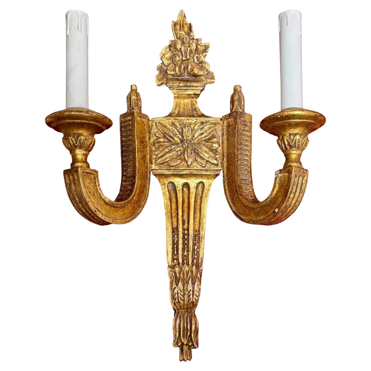 Panache 17.5” Neoclassical Giltwood 2 Light Wall Light Sconce For Sale