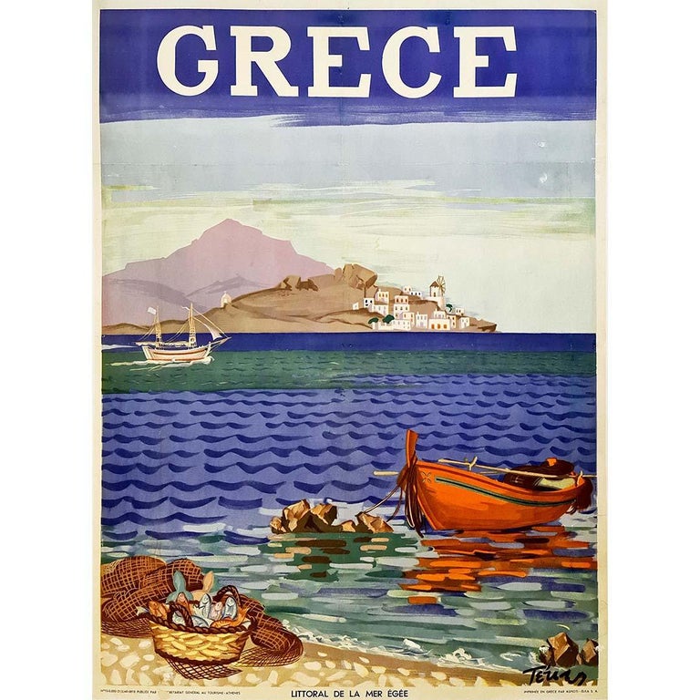 Panagiotis Tetsis - Very nice original 1948 tourism poster created by  Panagiotis Tetsis for Greece For Sale at 1stDibs