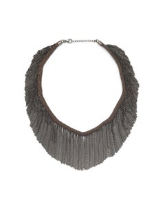 Panama Fringe Choker in Rhodium and Brown Silk