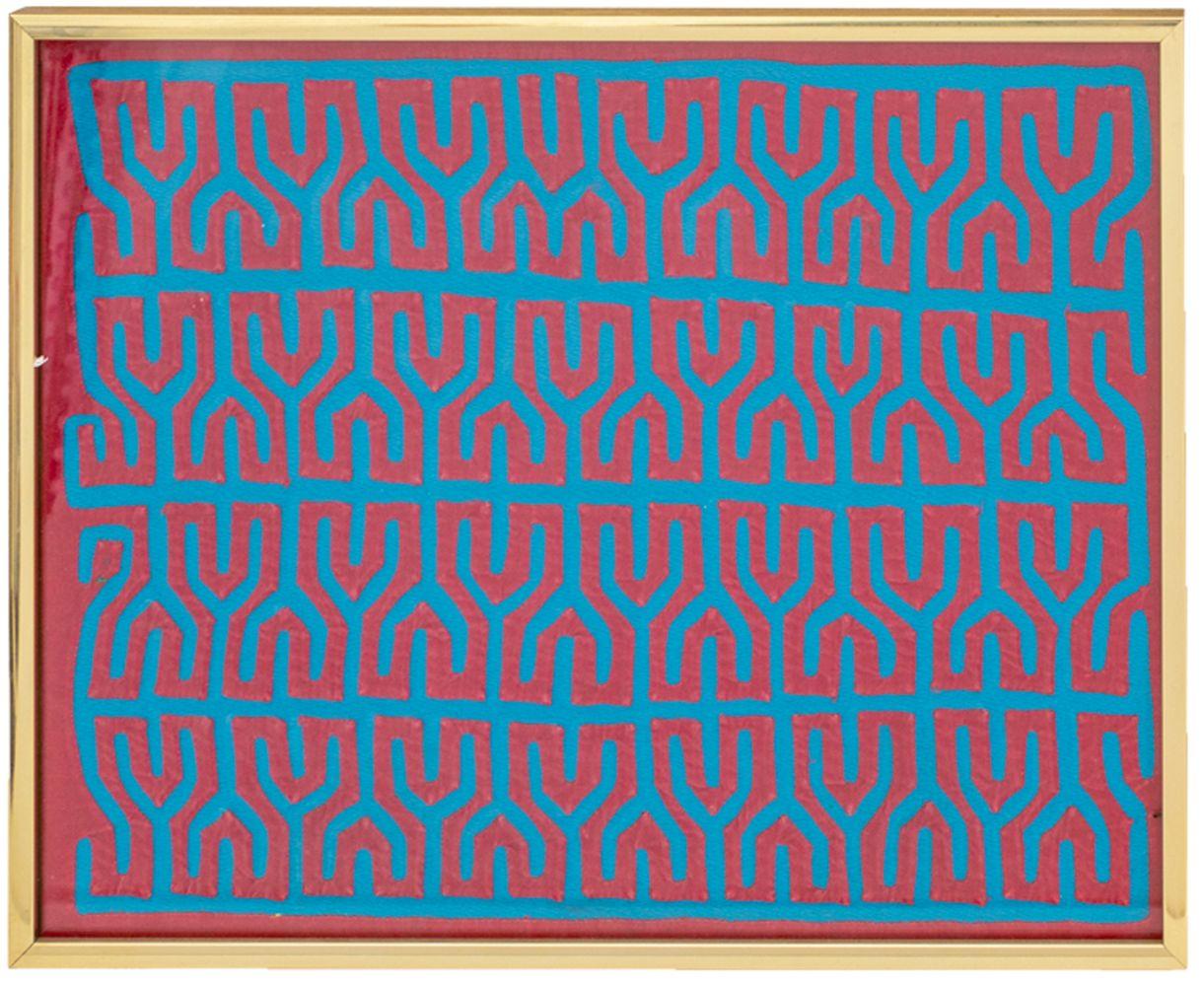 Group of Five Panamanian Mola Textiles, one depicting a crab, giltwood frame, two polychrome geometric designs, gold-tone frames, and two polychrome Greek key meander motifs, wood frames. Largest image: 16.25