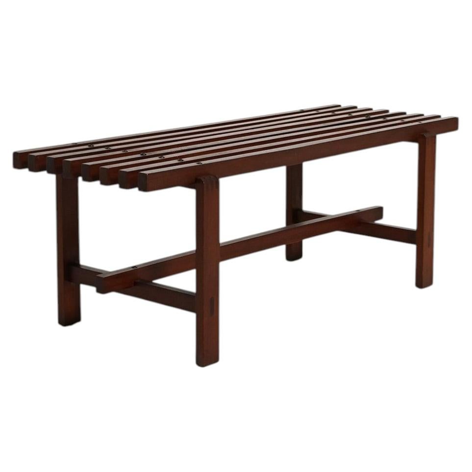 Dark wood slatted bench, 1970s For Sale