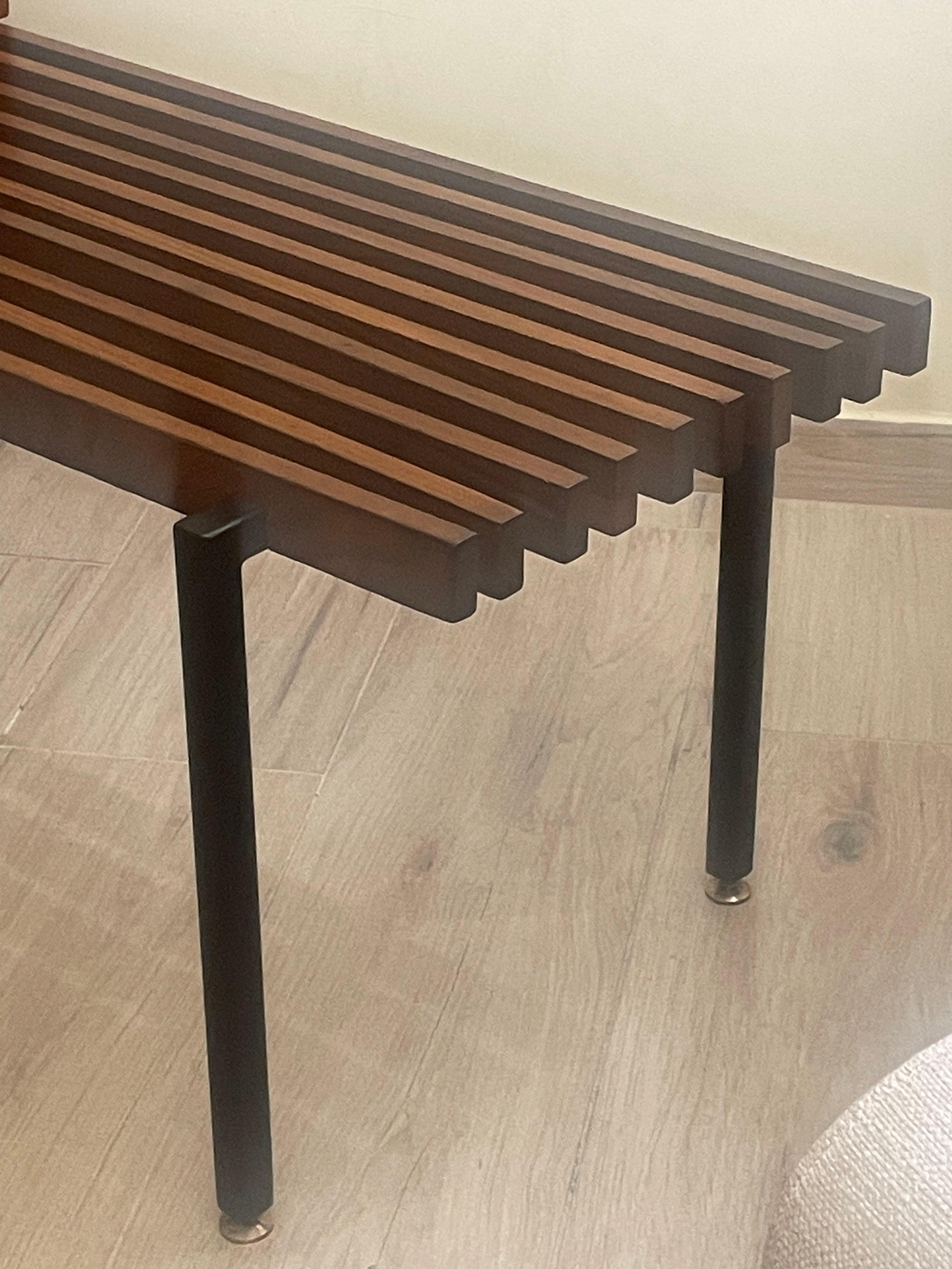 Brass 1960s teak bench with storage drawer For Sale