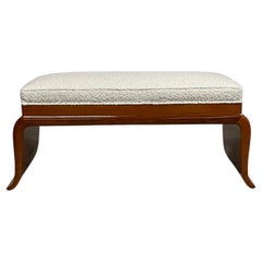 1940s deco bench made of pear wood and bouclé fabric