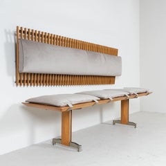 Teak wood bench with cushions and gray velvet backrest, mid-century 1960s