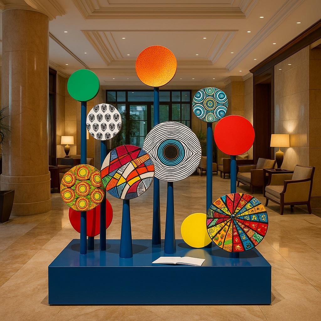 Contemporary Bench/sculpture  from reception hall  wood and metal , African texture For Sale