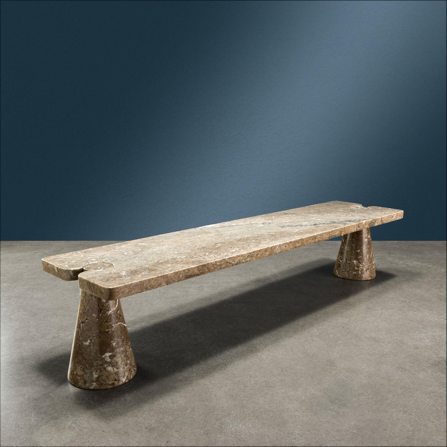 Bench with seat supported by two legs from the 'Eros' series in Mondragone gray marble. 1970s Skipper production, design Angelo Mangiarotti.