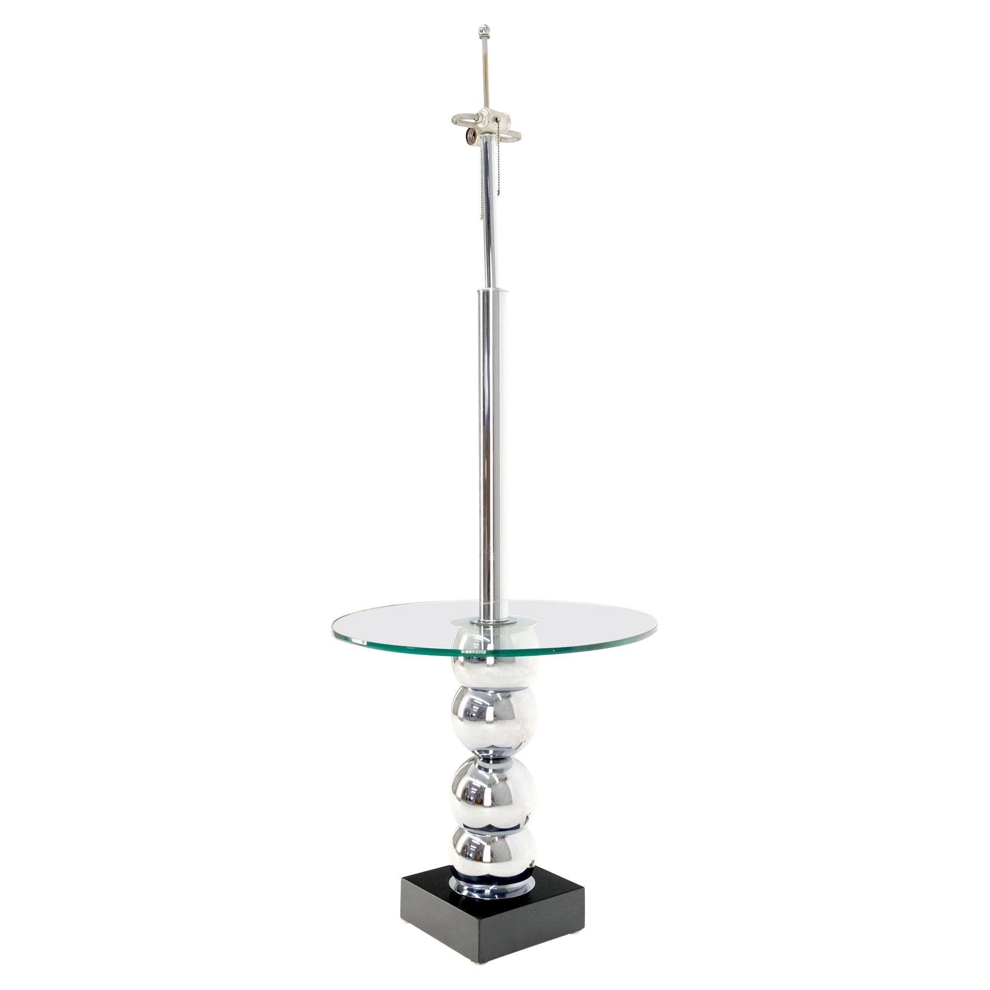 Pancaked Chrome Spheres Base Glass Top End Table Floor Lamp Mid-Century Modern For Sale