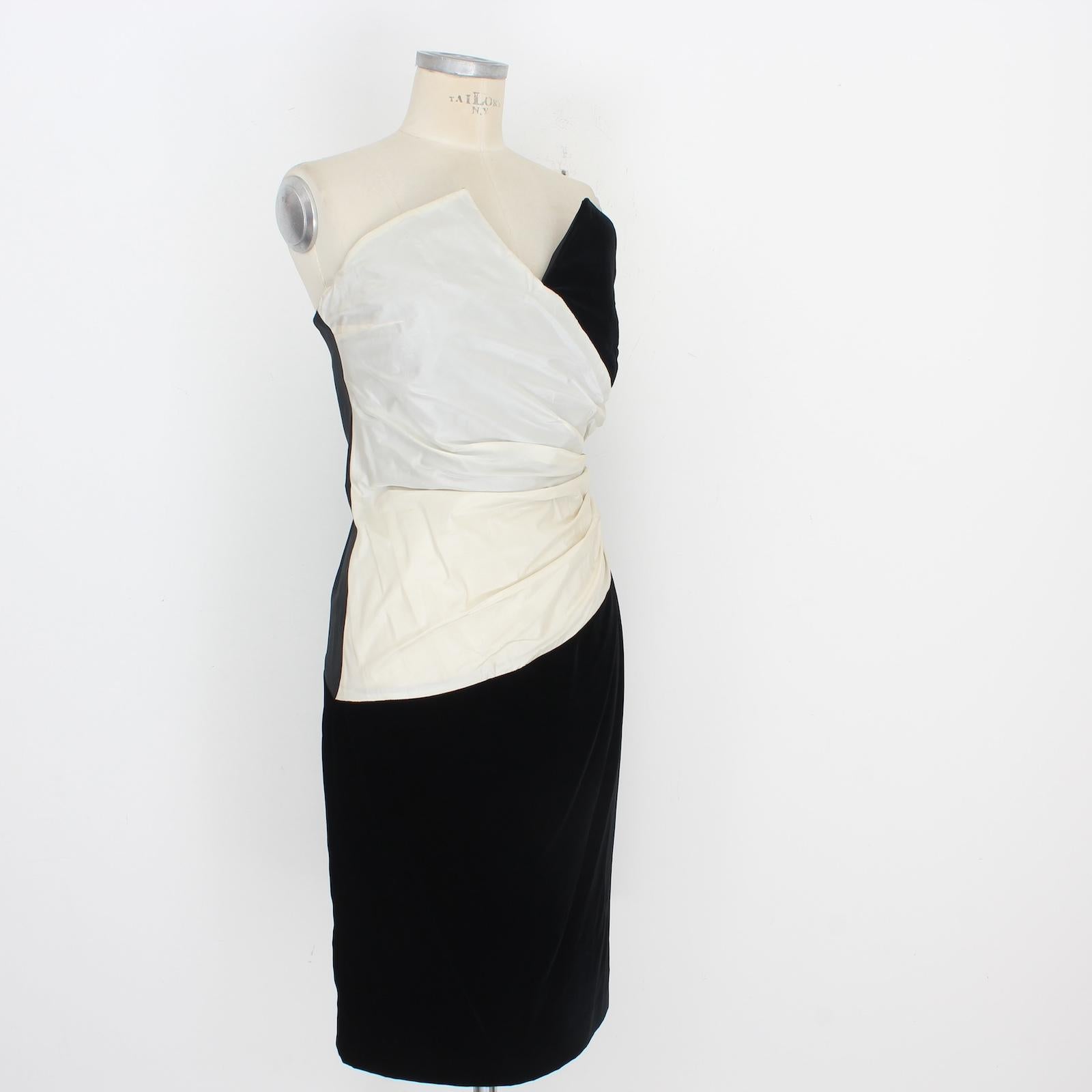 Pancaldi Black White Silk Vlevet Evening Sheath Dress Vintage 80s 1