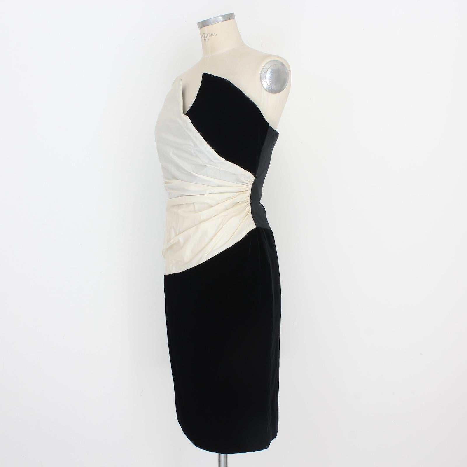 Pancaldi Black White Silk Vlevet Evening Sheath Dress Vintage 80s 2
