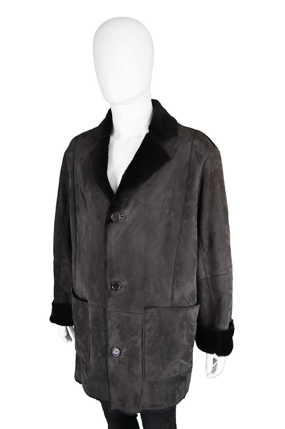Pancaldi Men's Black Sheepskin Ovine Suede Fur Vintage Coat, 1990s For Sale 1