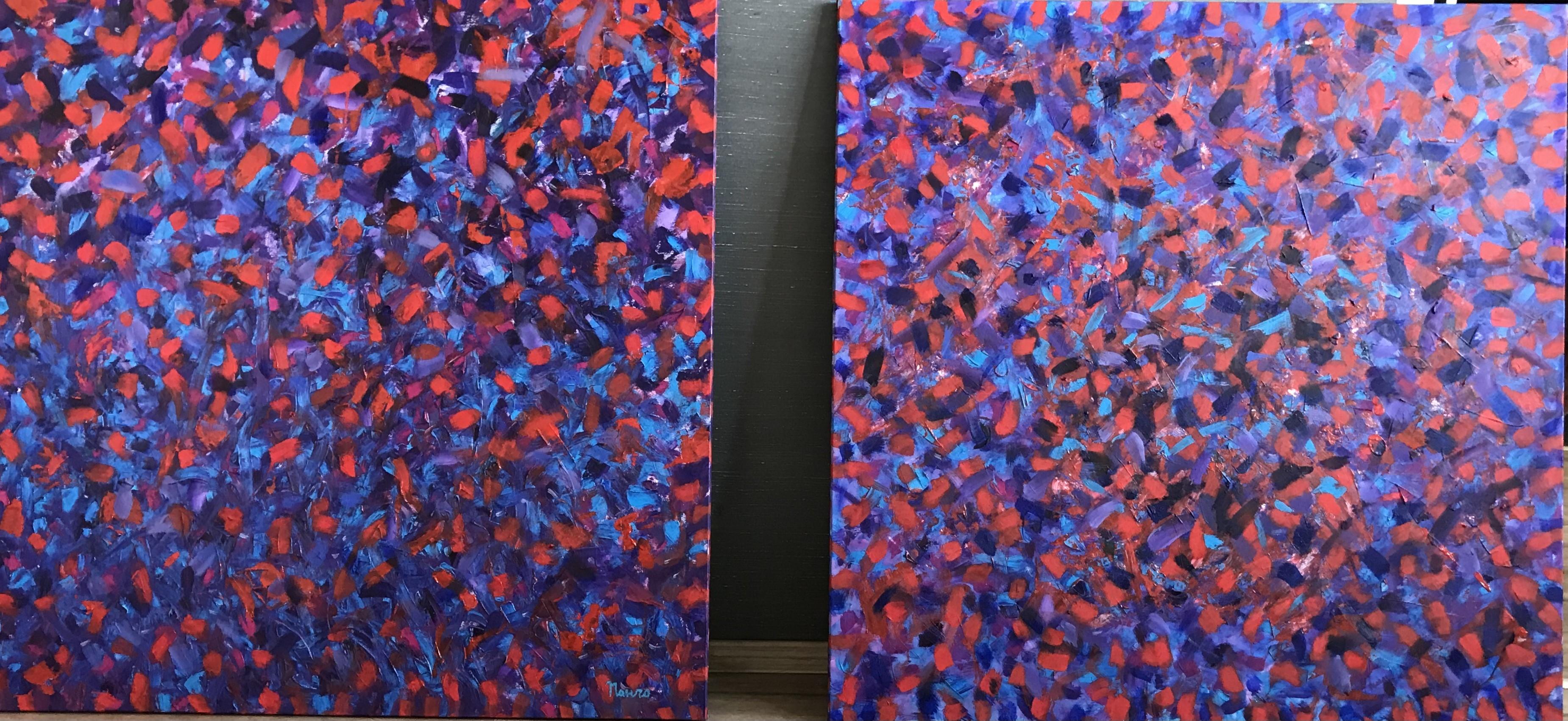 Abstract Painting Pancho Malezanov - Diptyque en couleurs - Peinture acrylique Pop Art Couleurs Bleu Lilas Bleu Orange Rouge