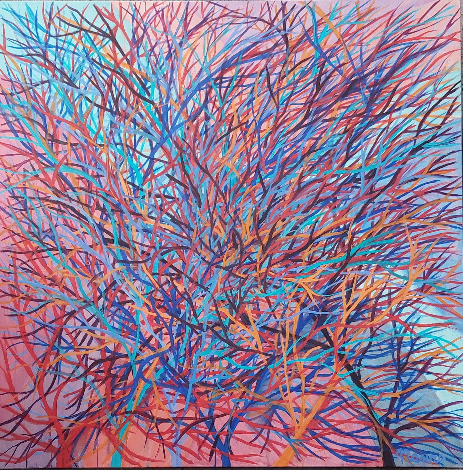 Forest - Peinture à l'acrylique Pop Art Couleurs Bleu Lilas Orange Rouge
