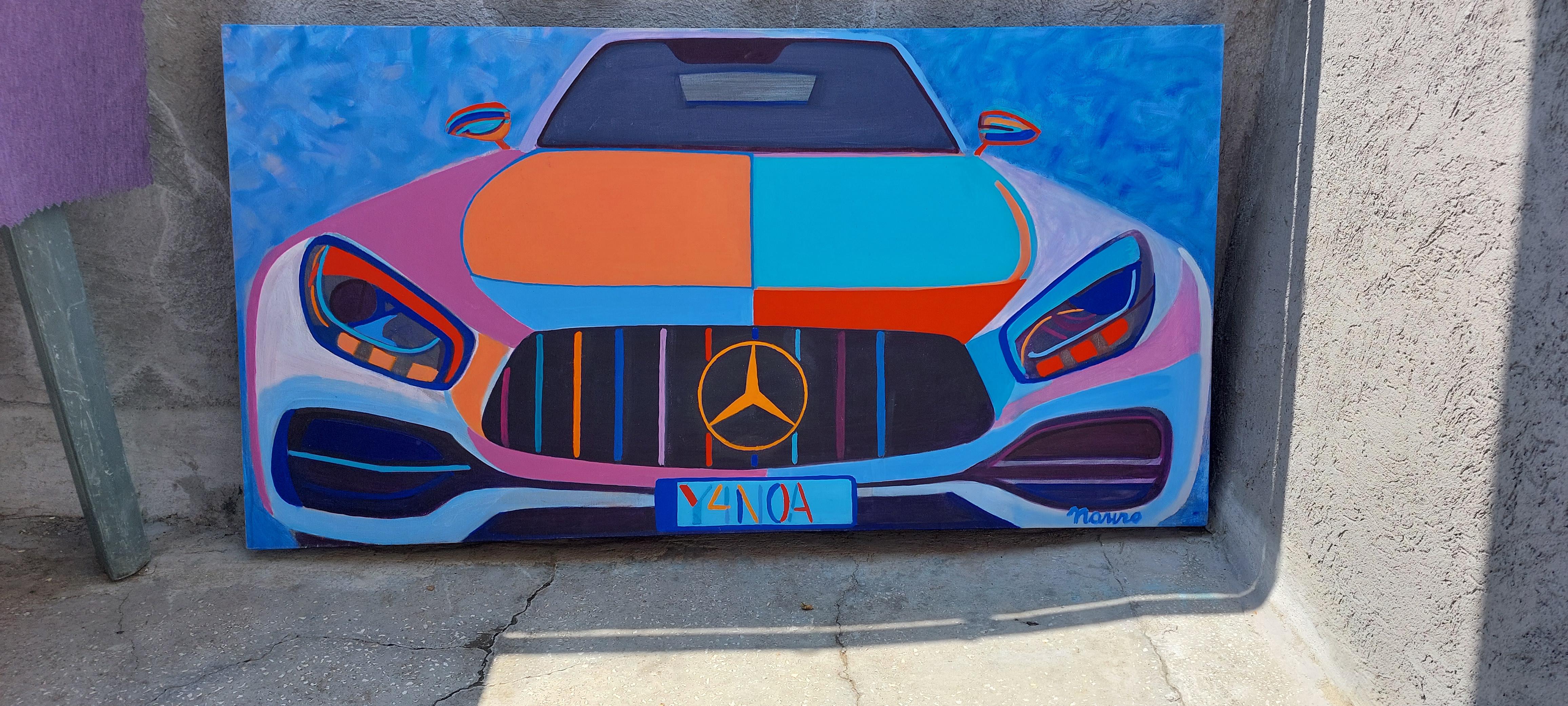 Mercedes - Pop-Art-Acryl-Gemälde in den Farben Lila Blau Orange Rot – Painting von Pancho Malezanov