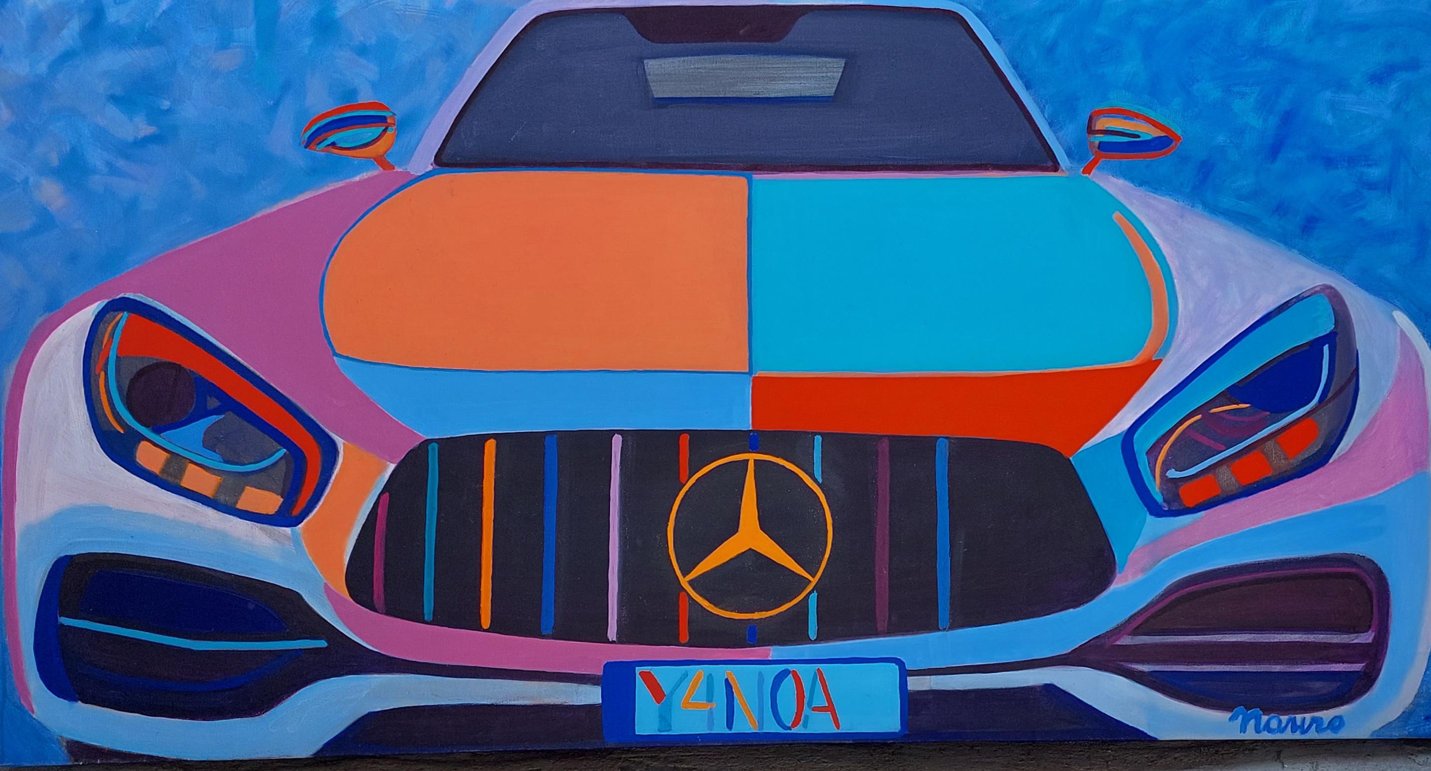 Pancho Malezanov Figurative Painting – Mercedes - Pop-Art-Acryl-Gemälde in den Farben Lila Blau Orange Rot