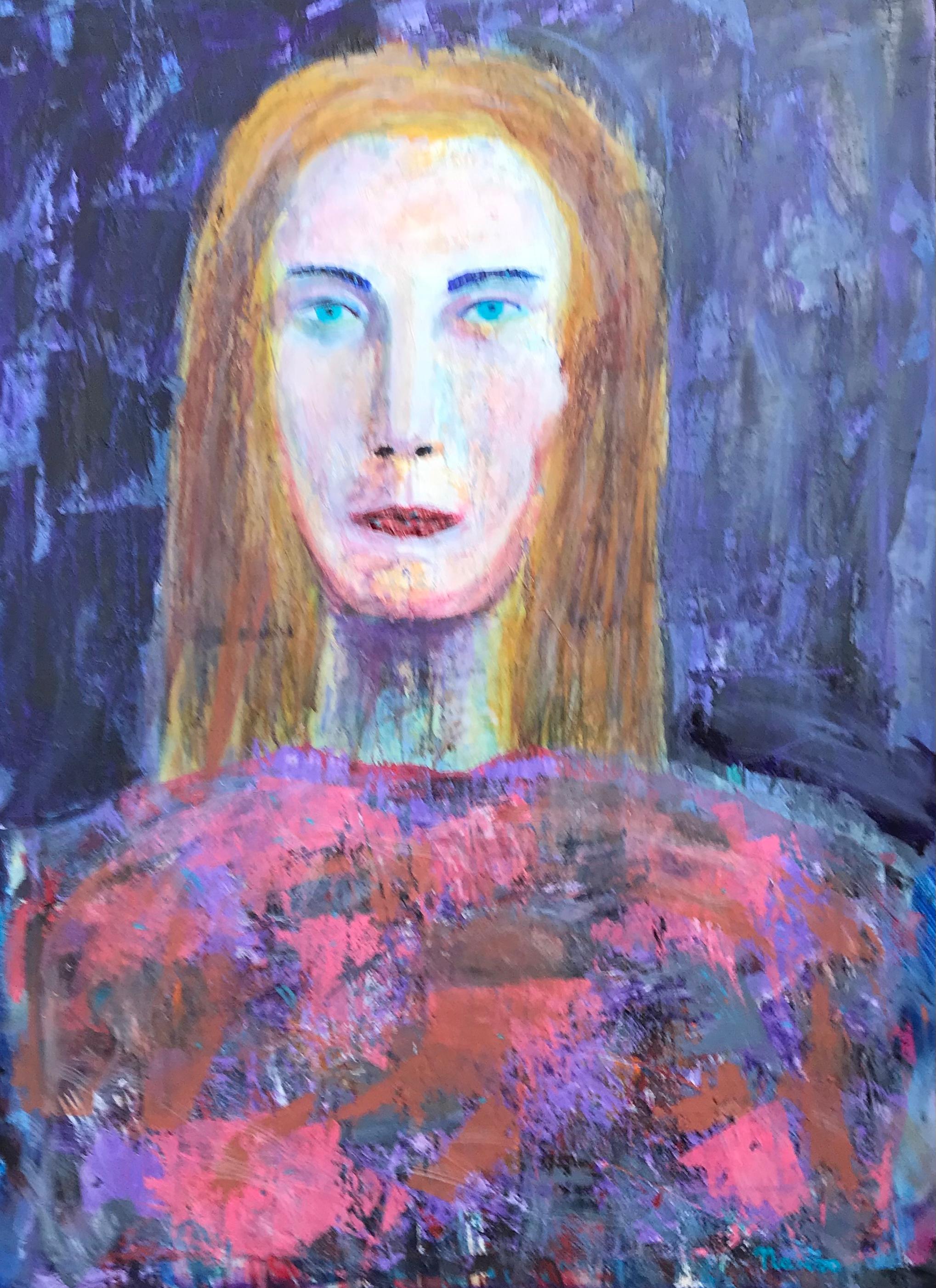 Pancho Malezanov Portrait Painting - My Ex - Modern Art Portrait Acrylic Painting Colors Lilac Blue Orange Red Yellow