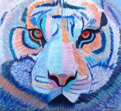 Tigre - Peinture acrylique Pop Art - Animaux Couleurs Bleu Lilas Orange Rouge Jaune