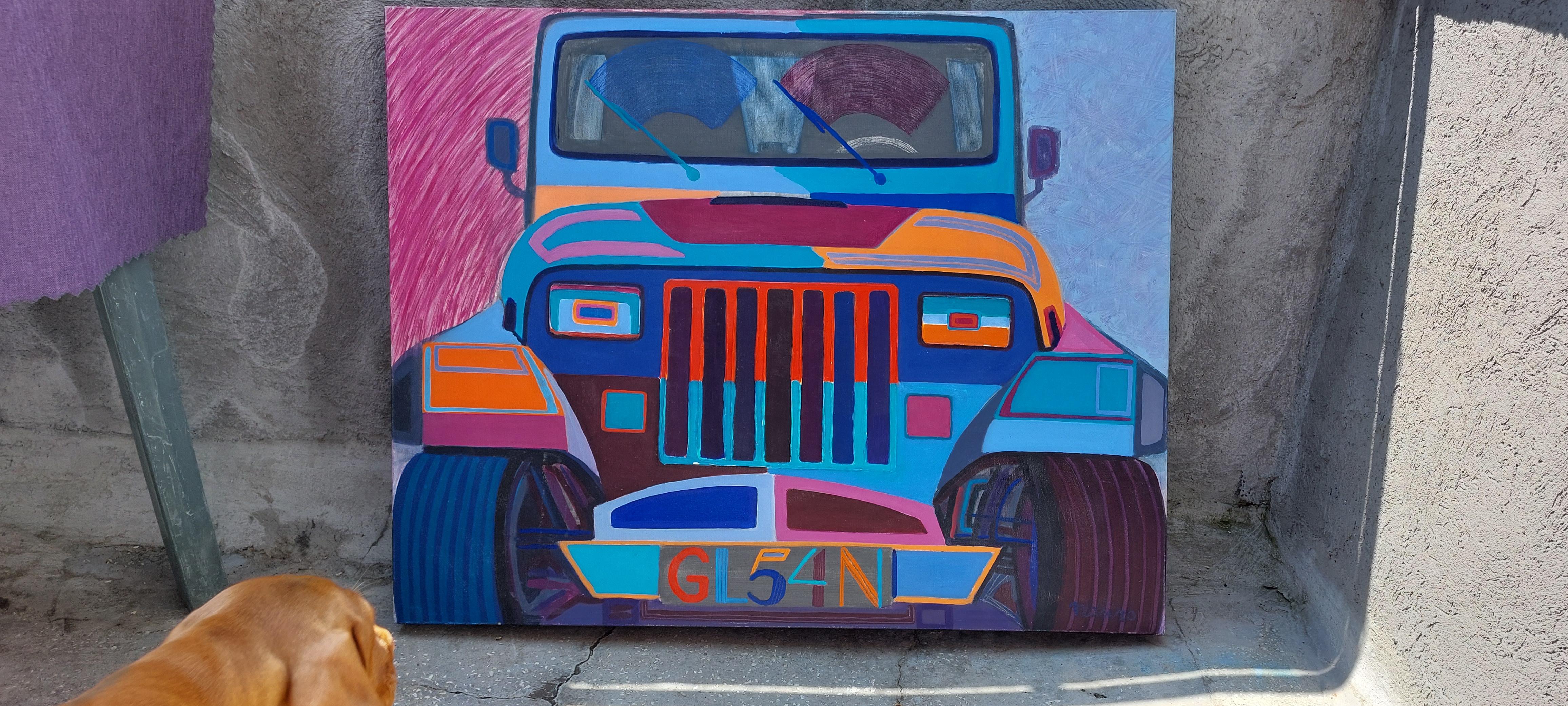 Wrangler - Pop-Art-Acryl-Gemälde in Farben Lila, Blau, Orange und Rot – Painting von Pancho Malezanov