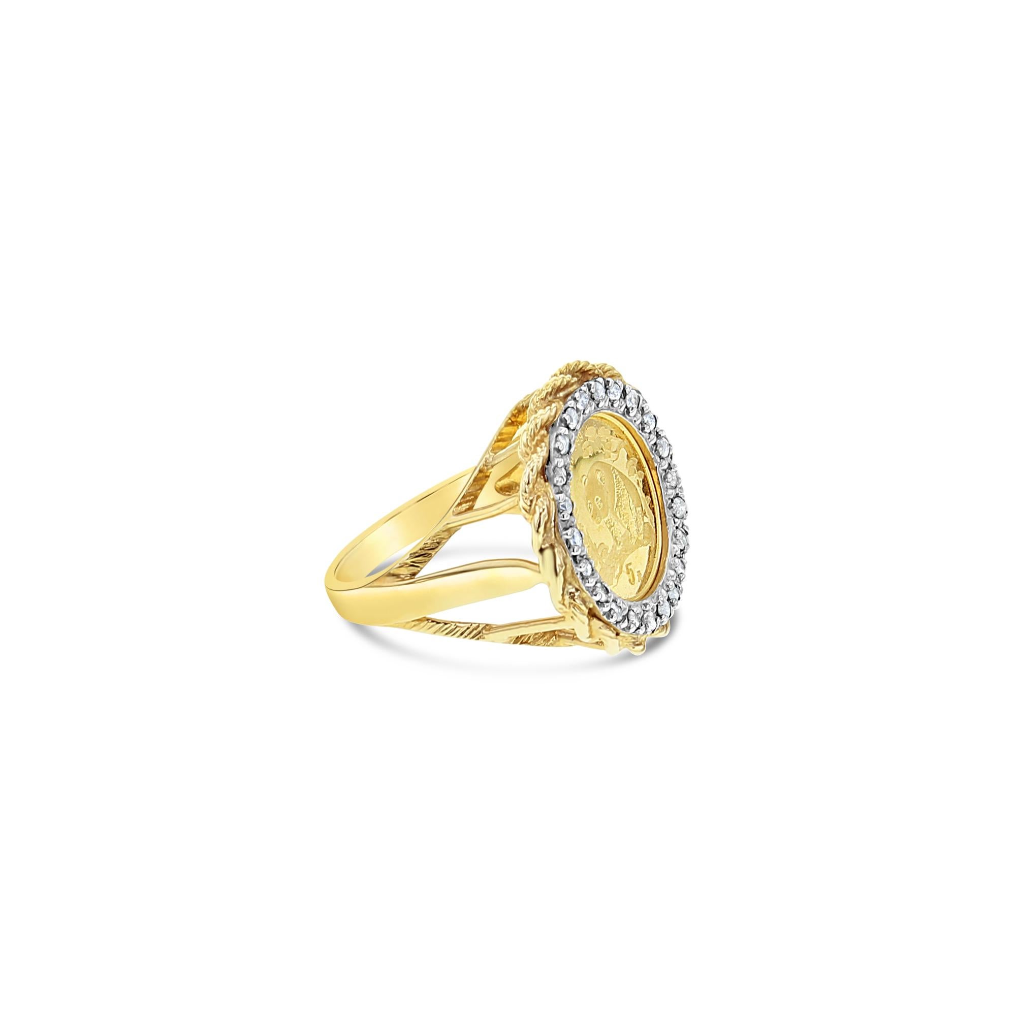 ♥ Informazioni sulle monete ♥

Metallo della moneta: 1/20 OZ Fine Gold .999
Denominazione: 5 Yuan Yuan
Paese: Cina
Anno: Variabile

♥ Informazioni sull'anello ♥

Pietra principale: Diamante
Circa. Peso in carati del diamante: .25cttw
Materiale della