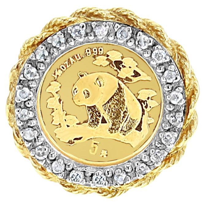 Anello aureola con diamante Panda in oro .999 e castone a corda in oro giallo 14k in vendita