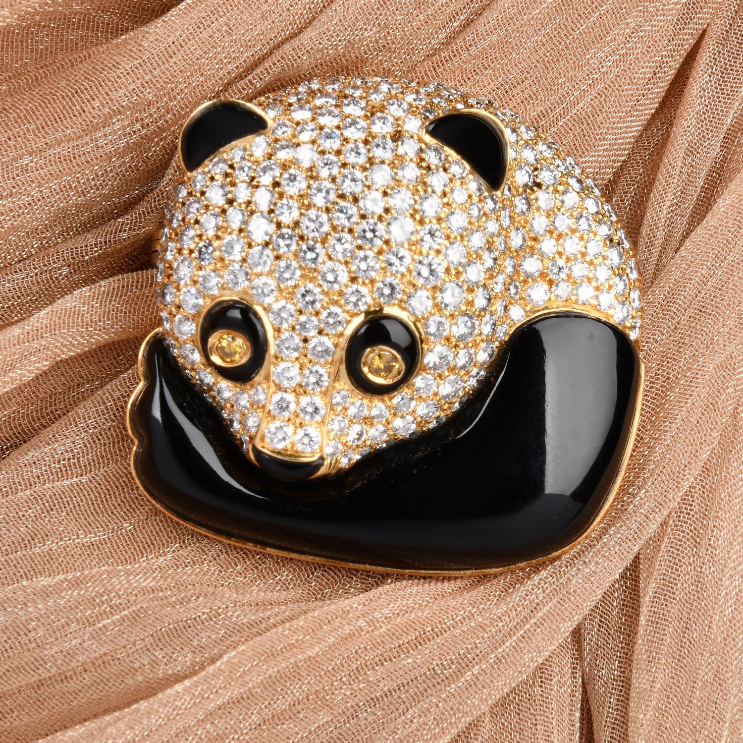 Spilla Panda Bear in oro giallo 18 carati con diamante e onice in vendita 3