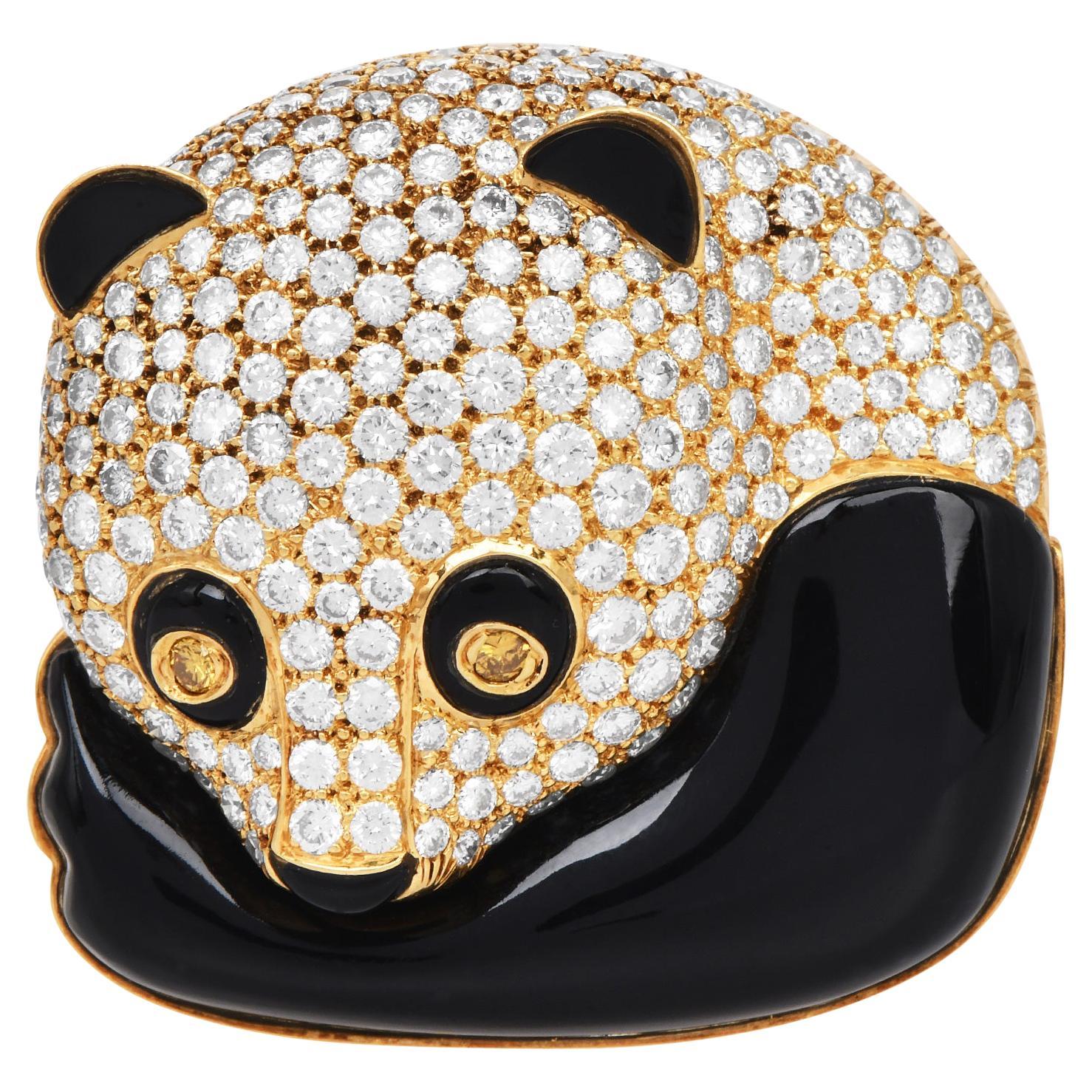 Panda Bär 18k Gold Diamant Onyx 18k Gelbgold Brosche Pin
