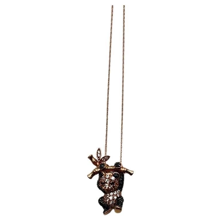 Panda Bear Bamboo Tree Leaf White Black Diamonds Pave 14K Gold Pendant Necklace