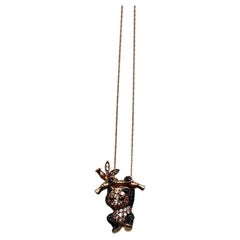 Panda Bär Bambus Baumblatt Weiß Schwarze Diamanten Pave 14K Gold Anhänger Halskette