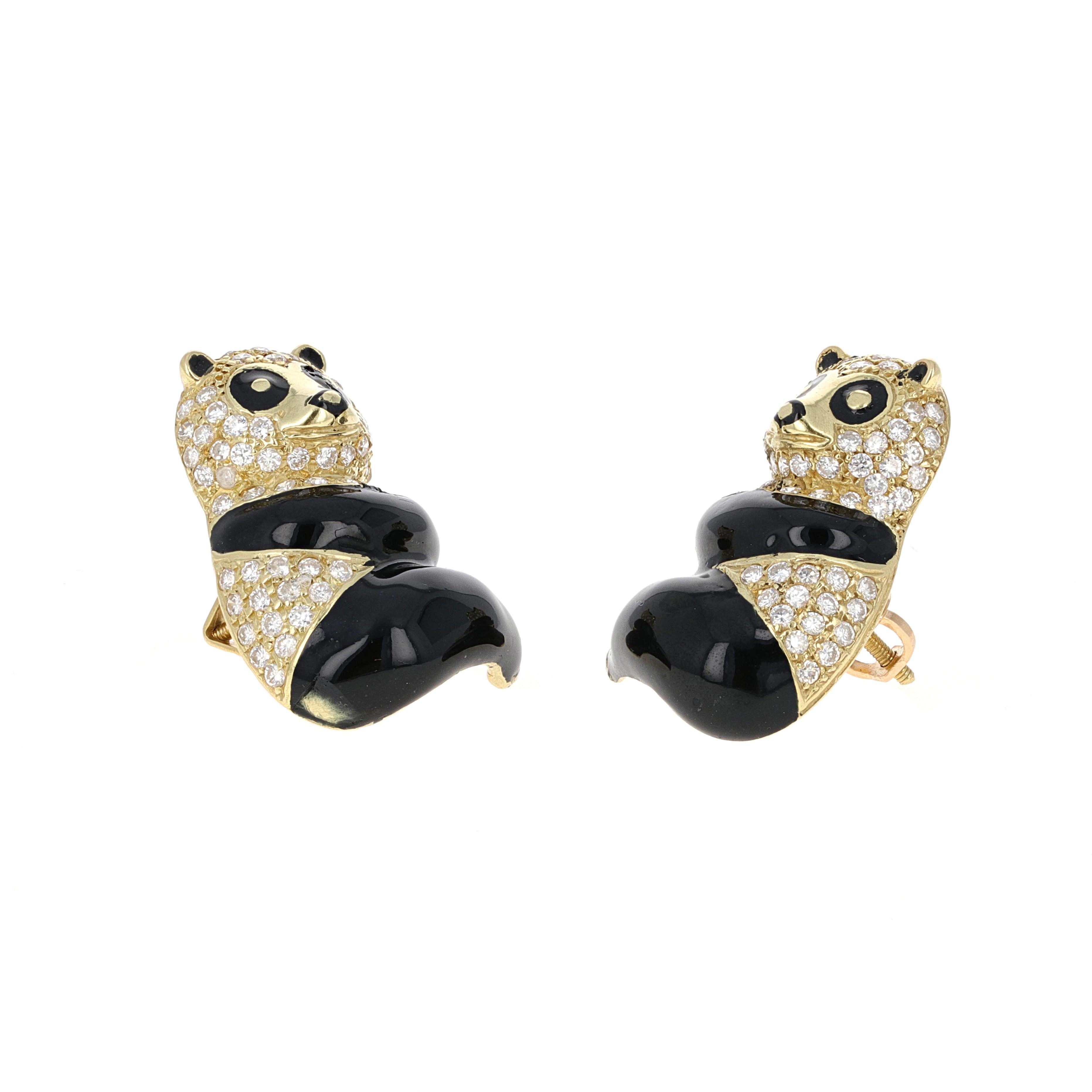 These adorable 18 karat yellow gold Panda bear earrings are adorned with round brilliant white diamonds. The earrings have 114 round brilliant diamonds weighing an estimated 1.14 carats total weight. The body, eyes nose and ears are black enamel.