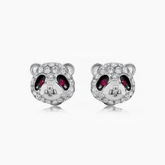 Panda Bear Diamond & Ruby 18K White Gold Animal Earrings
