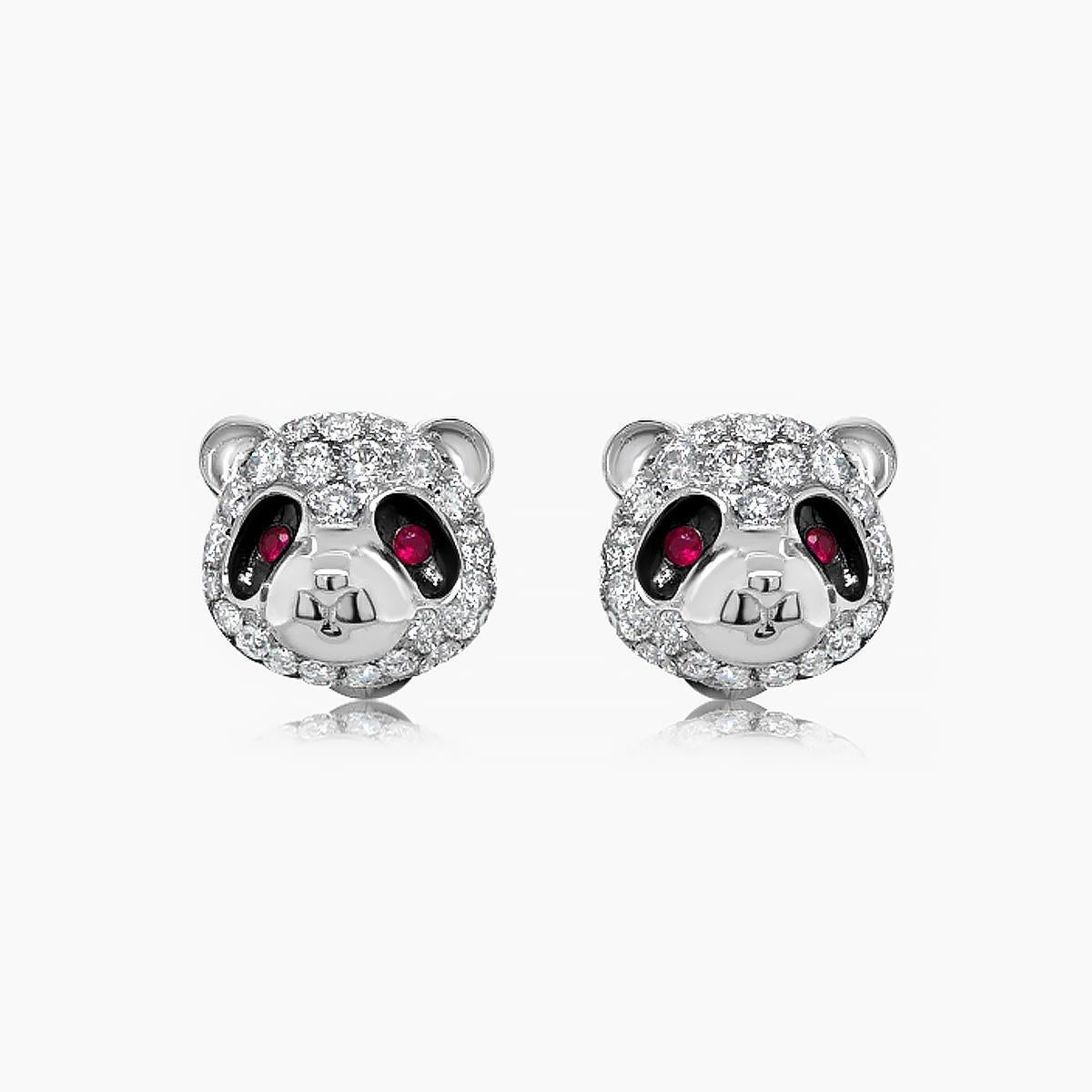 Mixed Cut Panda Bear Diamond & Ruby 18K White Gold Animal Earrings For Sale