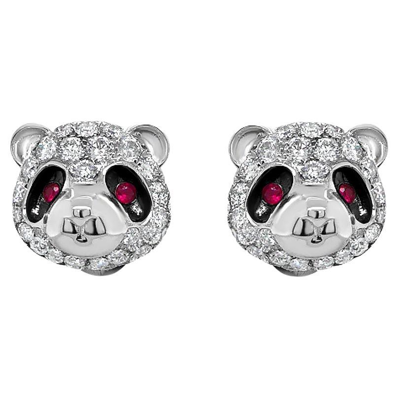 Panda Bear Diamond & Ruby 18K White Gold Animal Earrings For Sale