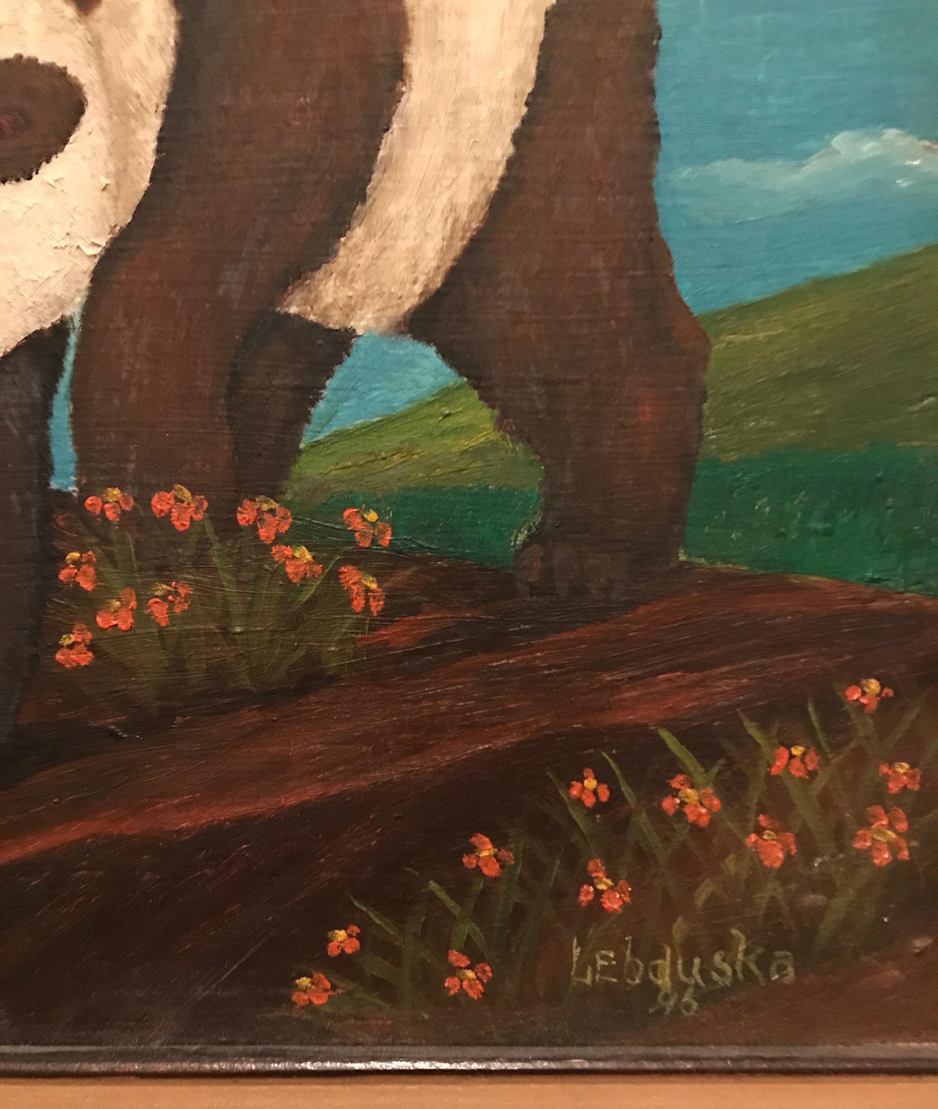 Original small oil painting of panda bear traversing flowering landscape. The size of image is 11.5 x 11.5.