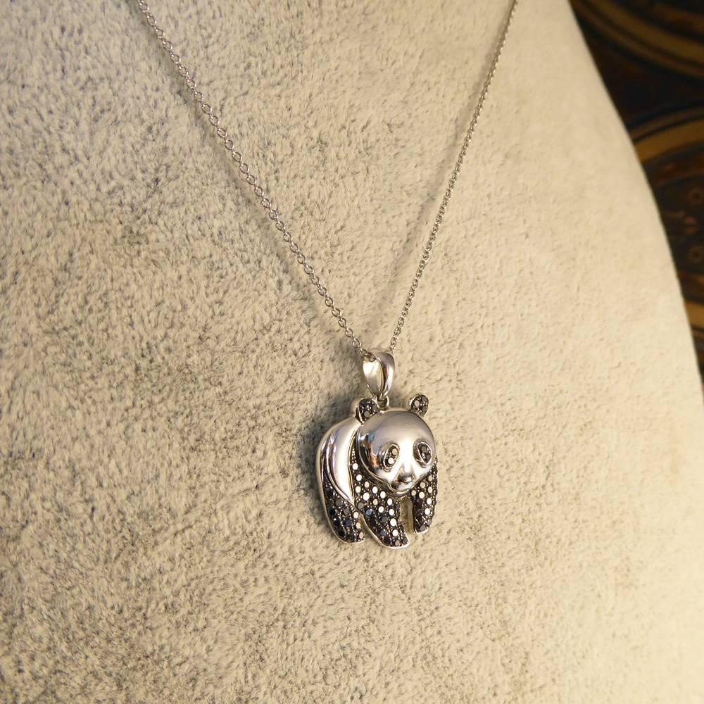 Women's Panda Black Diamond Pendant Set in 18 Carat White Gold