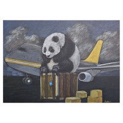 ART: Panda auf Tarmac, Original-Aquarell-Aquarell-Aquarell, SCHLUSSVERKAUF